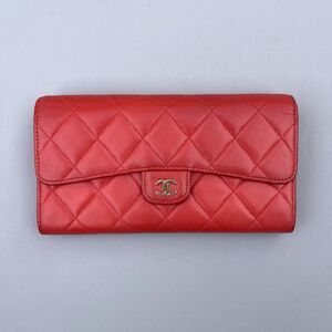 Chanel Classic Flap Long Wallet Red Lambskin Leather Gold Hardware